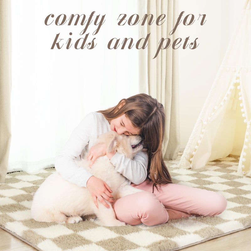 TOOHUB Super Soft Rug for Bedroom  3x5 Ft Beige and White Area Rug Classic Checkered Shaggy Rug Anti-Skid High Pile Soft Fluffy Rug Fuzzy Carpet for Living Room Bedroom Kids Room Nursery  Dorm Home Decor - Image 3