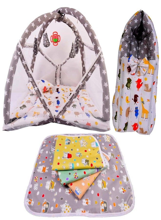 Kwitchy New Born Baby Cotton Bedding Set Gift Combo Pack of Play Gym Bed Carry Bag & Sheets (Grey, 0-6 Months) (3PCS Set) - Image 1