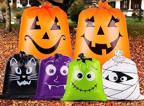 POPGIFTU 12 Pack Halloween Lawn Leaf Bags - Heavy Duty Plastic Trash Bags with Twist Ties, 6 Designs Large Pumpkin Yard Waste Bags for Garden, Lawn, Porch, Indoor Outdoor Halloween Decorations - Image 1
