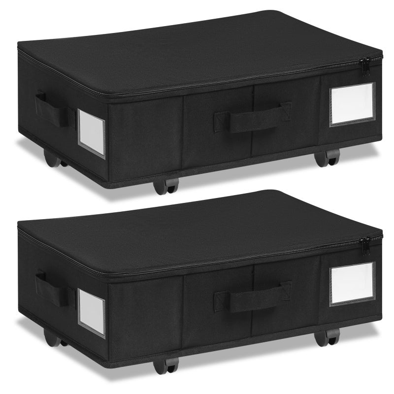 Vincona Under Bed Storage with Wheels, 2 Pack Under Bed Storage Containers with Label Holders for Clothes, Shoes and Blankets, Rolling Underbed Shoe Organizer with Cover, Black (23.6 x 15.7 x 7.28 in) - Image 1