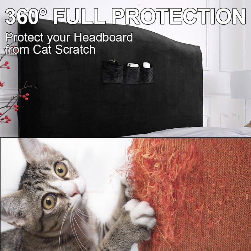 WOMACO Headboard Cover with Remote Pockets, Stretch Velvet Head Board Slipcover, Queen/Twin/King/Changeable Bed Head Cover for Upholstered Headboard (Black, Headboard Length (35"-43")) - Image 5