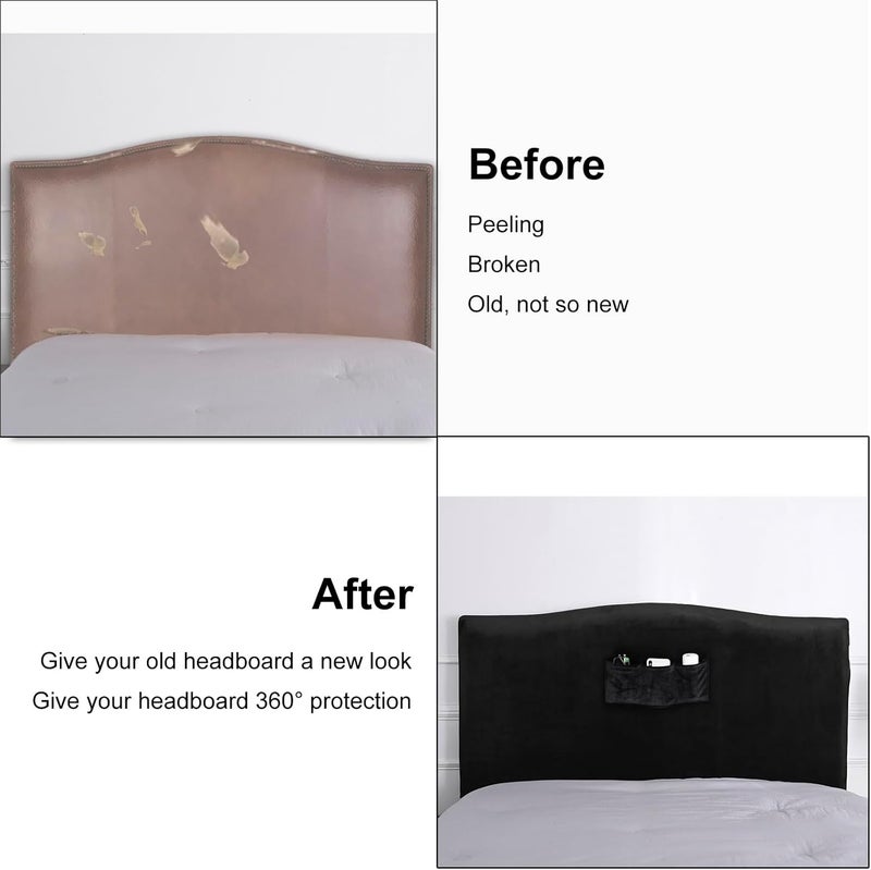 WOMACO Headboard Cover with Remote Pockets, Stretch Velvet Head Board Slipcover, Queen/Twin/King/Changeable Bed Head Cover for Upholstered Headboard (Black, Headboard Length (35"-43")) - Image 4