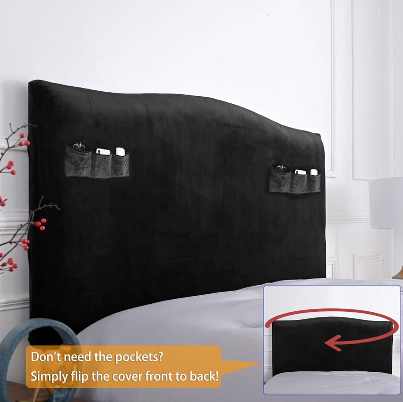 WOMACO Headboard Cover with Remote Pockets, Stretch Velvet Head Board Slipcover, Queen/Twin/King/Changeable Bed Head Cover for Upholstered Headboard (Black, Headboard Length (35"-43")) - Image 3
