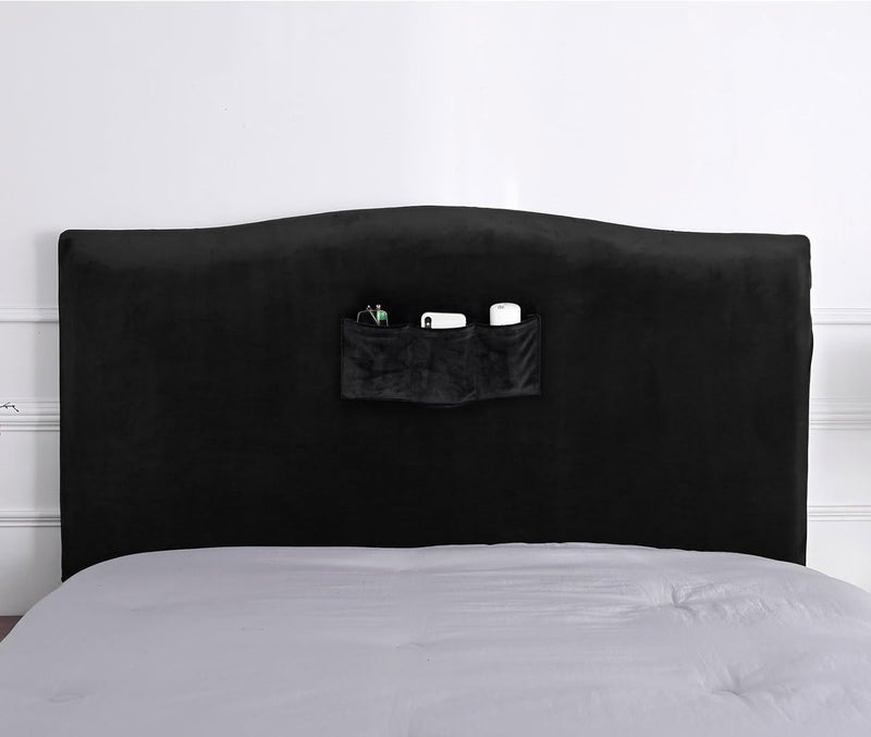 WOMACO Headboard Cover with Remote Pockets, Stretch Velvet Head Board Slipcover, Queen/Twin/King/Changeable Bed Head Cover for Upholstered Headboard (Black, Headboard Length (35"-43")) - Image 1