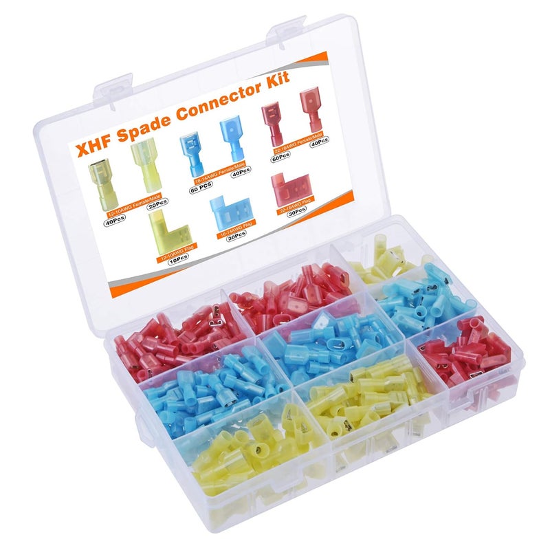 XHF 330 PCS 22-10 AWG Female Male Spade Flag Disconnect Connectors Kit Terminals Nylon Fully Insulated Quick Crimp Wire Connectors - Image 1