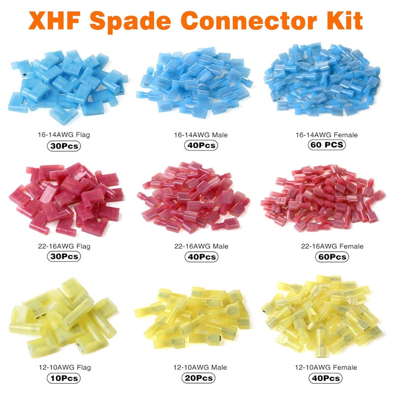 XHF 330 PCS 22-10 AWG Female Male Spade Flag Disconnect Connectors Kit Terminals Nylon Fully Insulated Quick Crimp Wire Connectors - Image 2