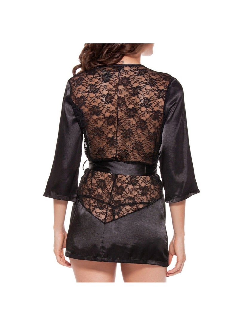 Women's Satin Lace Short Kimono Robe with Belt - Black - Image 3