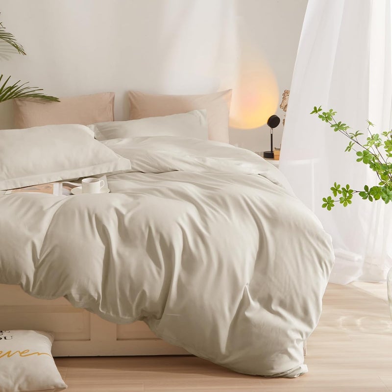 AMWAN Beige Duvet Cover Queen Size Soft Microfiber Queen Duvet Cover Beige Tan Bedding Set 3 Pieces Comforter Cover 1 Duvet Cover 90”x90” with 2 Pillowcases Linen Beige Duvet Cover with Zipper Closure - Image 5