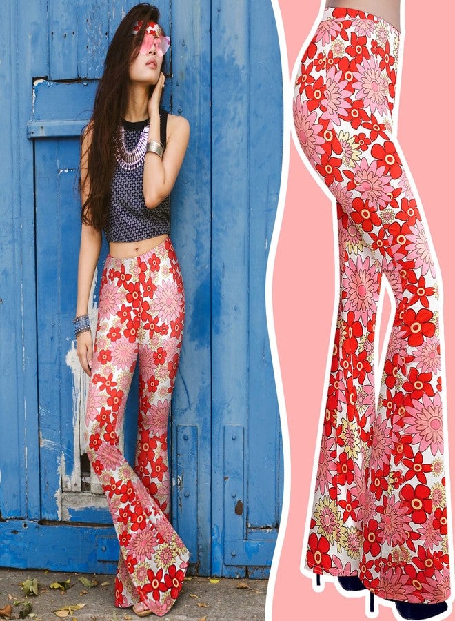 Tisancy 3 Pcs 60s 70s Outfit for Women Hippie Costume Set Disco Flared Pants Groovy Outfit Party Accessories(L Size, Flower) - Image 4