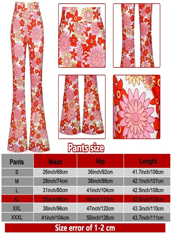 Tisancy 3 Pcs 60s 70s Outfit for Women Hippie Costume Set Disco Flared Pants Groovy Outfit Party Accessories(L Size, Flower) - Image 3
