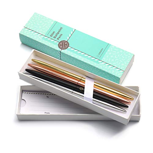 Oriday Ballpoint Pen Set of 4 Sleek, Slim Planner Pens - Metal Ball Point Pen in Black Ink In A Gift Box for Women, Wedding, for Home Office Decor (Assortment, Black Ink) - Image 1