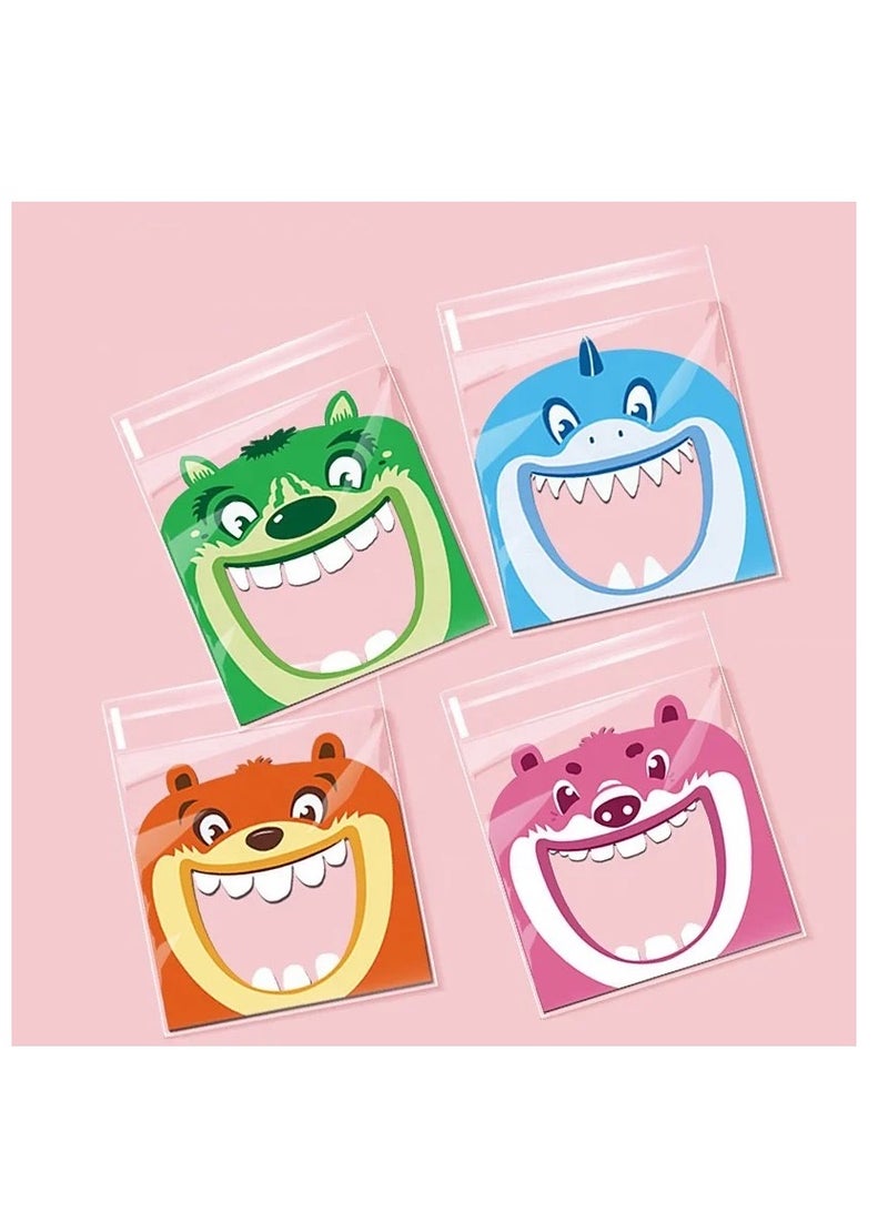 100pcs of mixed cartoon big mouth 4 in 1 snow crisp bag cookie gummy candy self adhesive bags food packing bag cute cartoon animal biscuit bags size 7*7+3cm  - Image 1