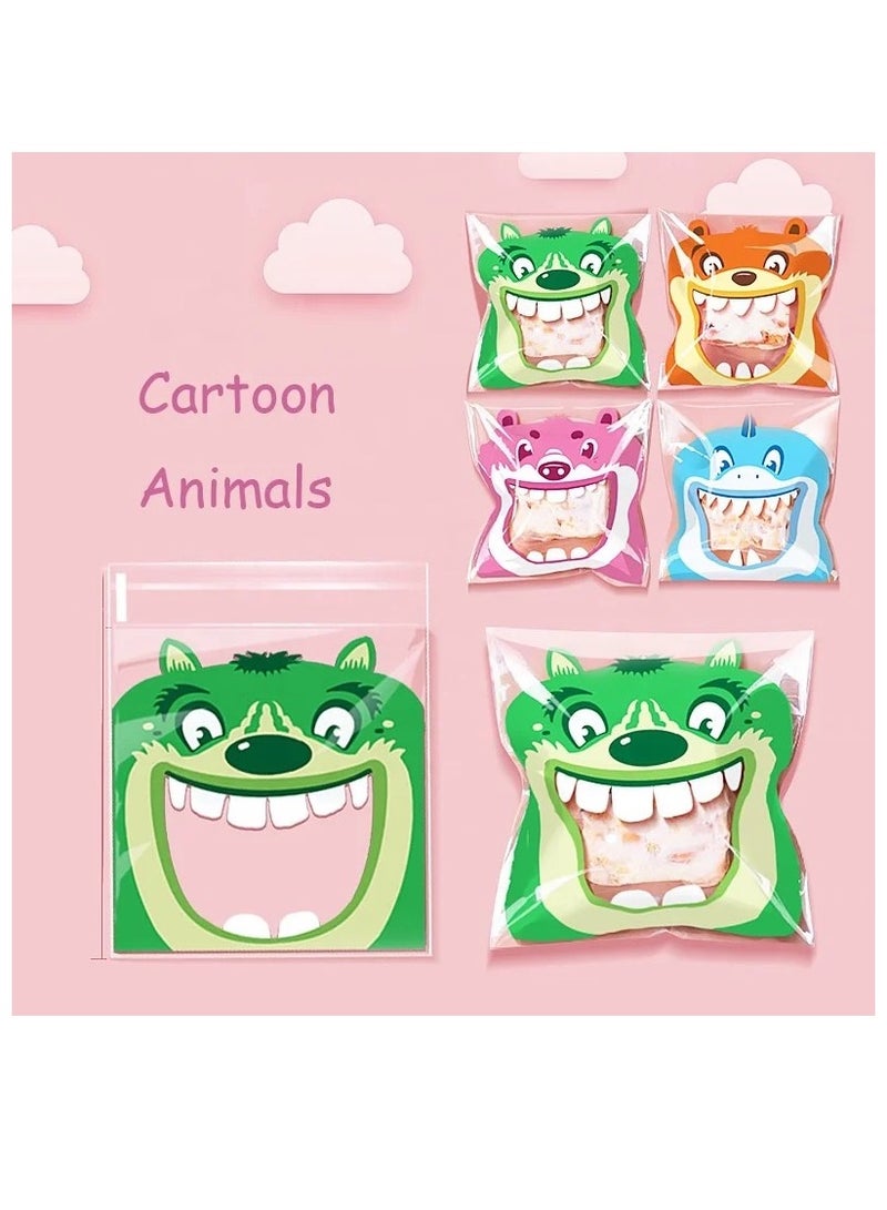 100pcs of mixed cartoon big mouth 4 in 1 snow crisp bag cookie gummy candy self adhesive bags food packing bag cute cartoon animal biscuit bags size 7*7+3cm  - Image 2