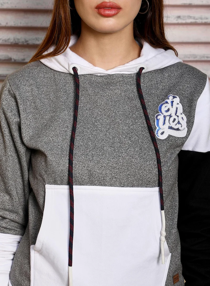 Campus Sutra Women's Moon Grey & Chalk White Typo-Block Pulllover Hoodie