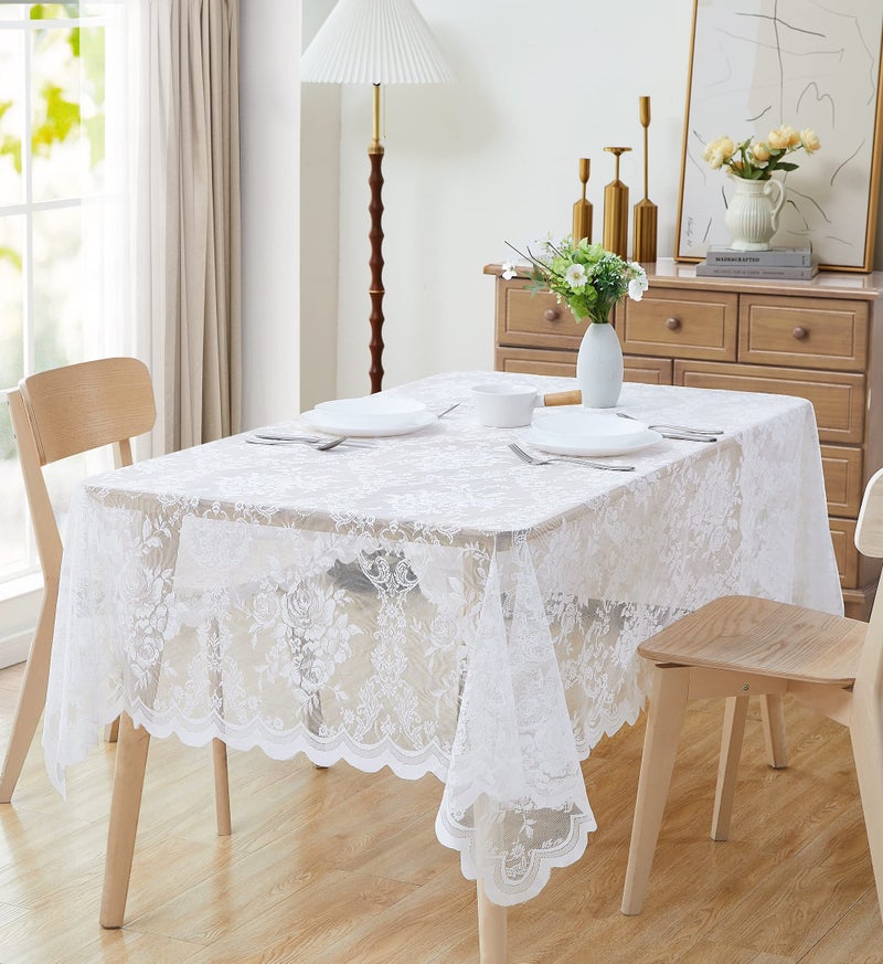 LinenZone Beautiful Oblong Lace Tablecloth with Elegant Scalloped Bottom for Any Special Event Such as Wedding Birthday Party Baby Shower Anniversary Sits 6 to 8 People Luna TC 60 x 84 White