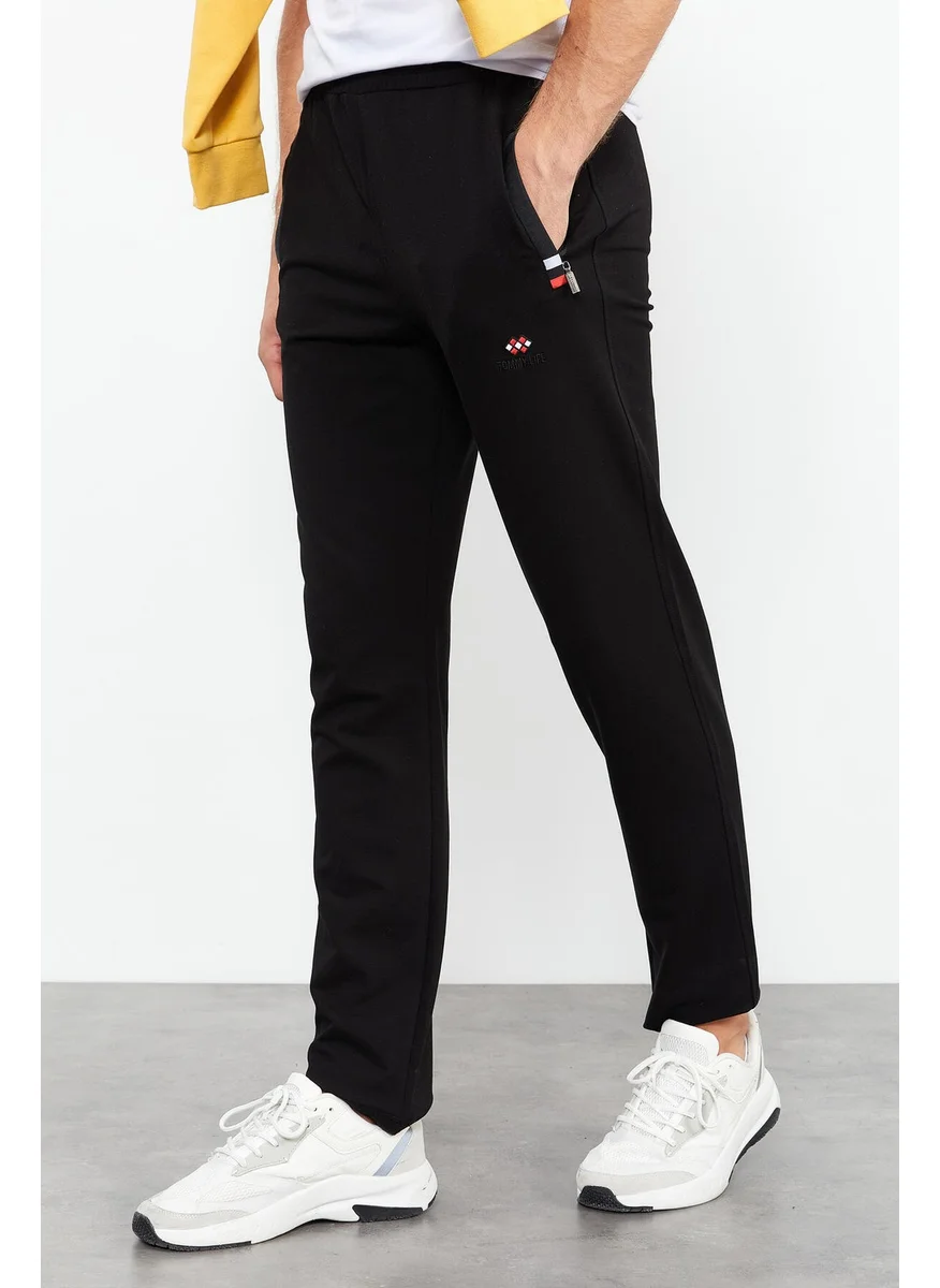 تومي لايف Black-Black Men's Zipper Pocket Slim Cut Classic Leg Tracksuit Bottom-84649