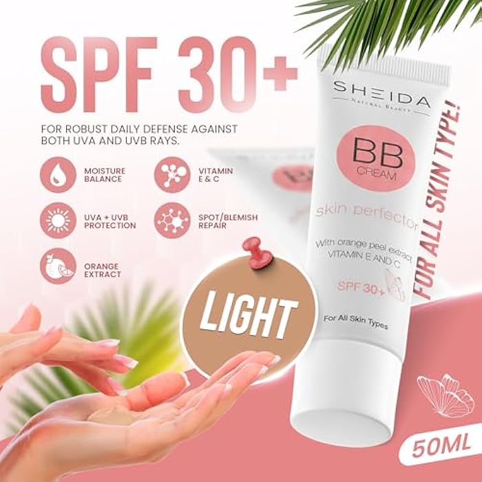 Sheida BB Cream with SPF 30+, Hydrating Daily Tinted Day Cream, Natural Finish, Buildable Light Coverage, 24h Moisture, Vitamin C & E for Even Skin Tone and Radiant Look – 50 ml (Light) - Image 3