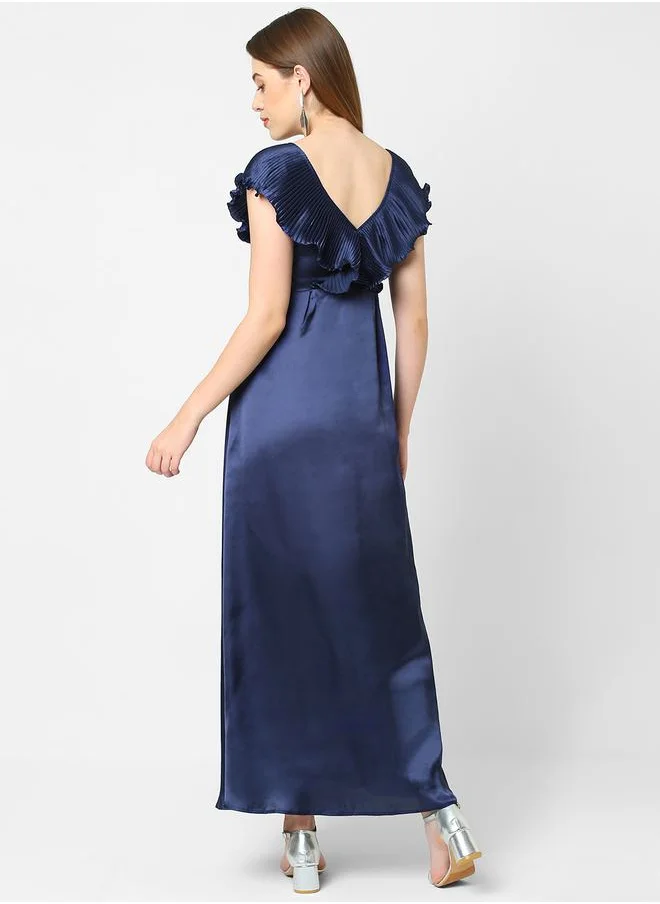 Mish Solid Satin Maxi Dress with Plisse Cape Neck by Styli
