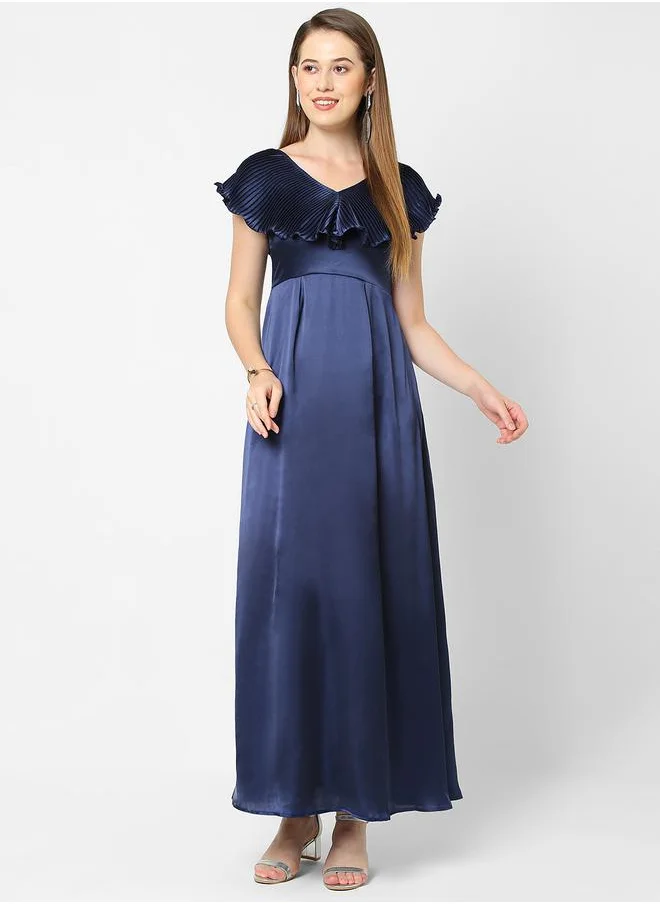 Mish Solid Satin Maxi Dress with Plisse Cape Neck