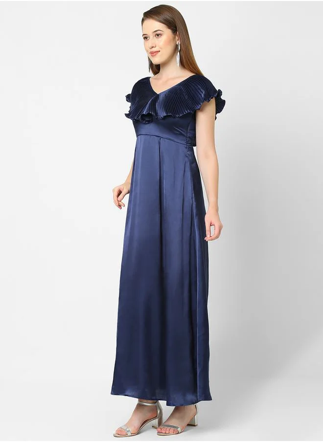 Mish Solid Satin Maxi Dress with Plisse Cape Neck