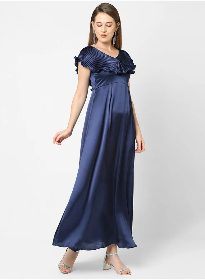 Mish Solid Satin Maxi Dress with Plisse Cape Neck by Styli