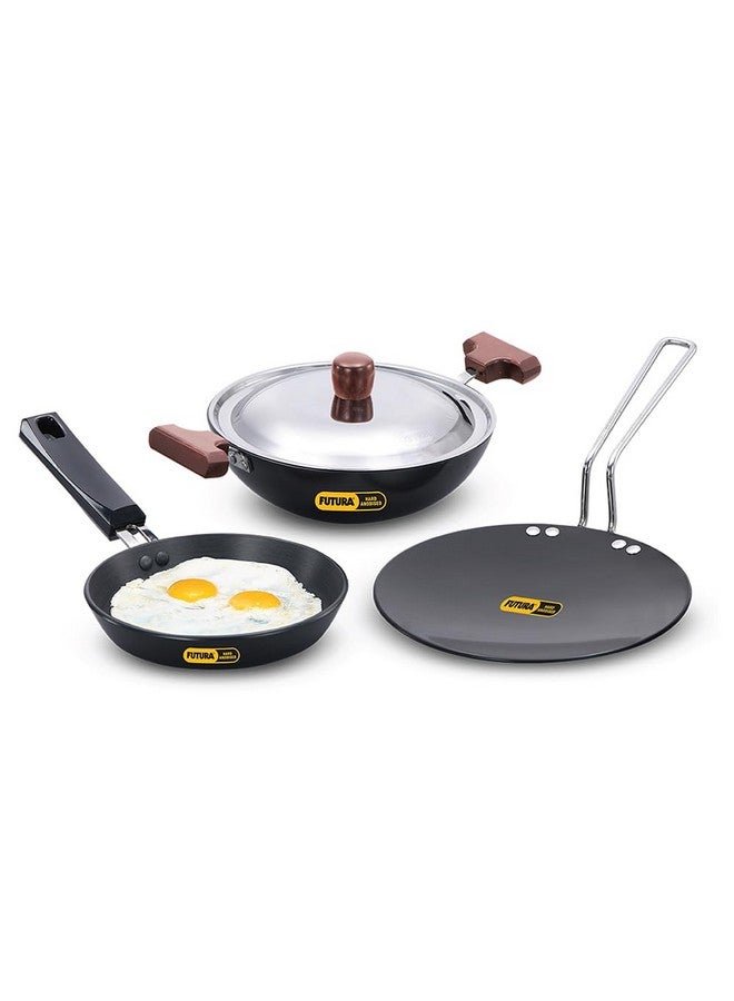 Hawkins Futura 3 Pieces Cookware Gift Set - Hard Anodised Tava, Frying Pan and Kadhai with Stainless Steel Lid, Black (24HAGP) - Image 1