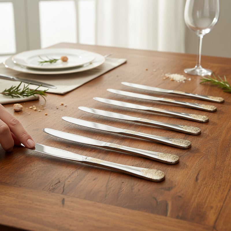 Soleter Bister 6-Piece Stainless Steel Dinner Knife Set – Polished Cutlery with Ornate Gold Decorative Pattern, Premium Flatware for Weddings, Dining & Special Occasions - Image 3