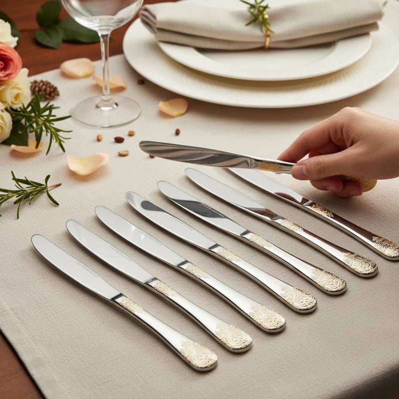 Soleter Bister 6-Piece Stainless Steel Dinner Knife Set – Polished Cutlery with Ornate Gold Decorative Pattern, Premium Flatware for Weddings, Dining & Special Occasions - Image 2