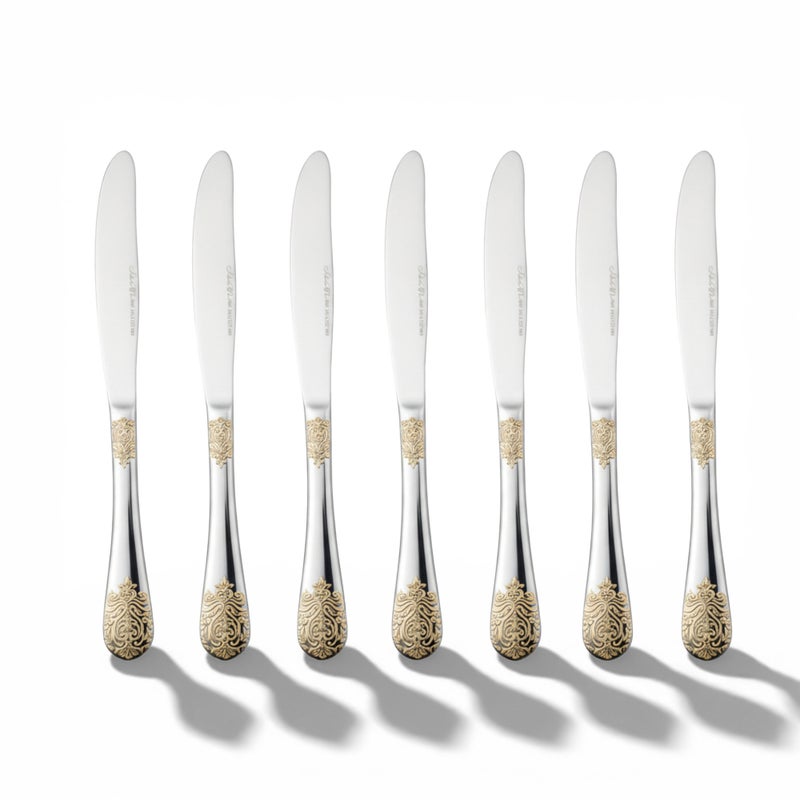 Soleter Bister 6-Piece Stainless Steel Dinner Knife Set – Polished Cutlery with Ornate Gold Decorative Pattern, Premium Flatware for Weddings, Dining & Special Occasions - Image 1
