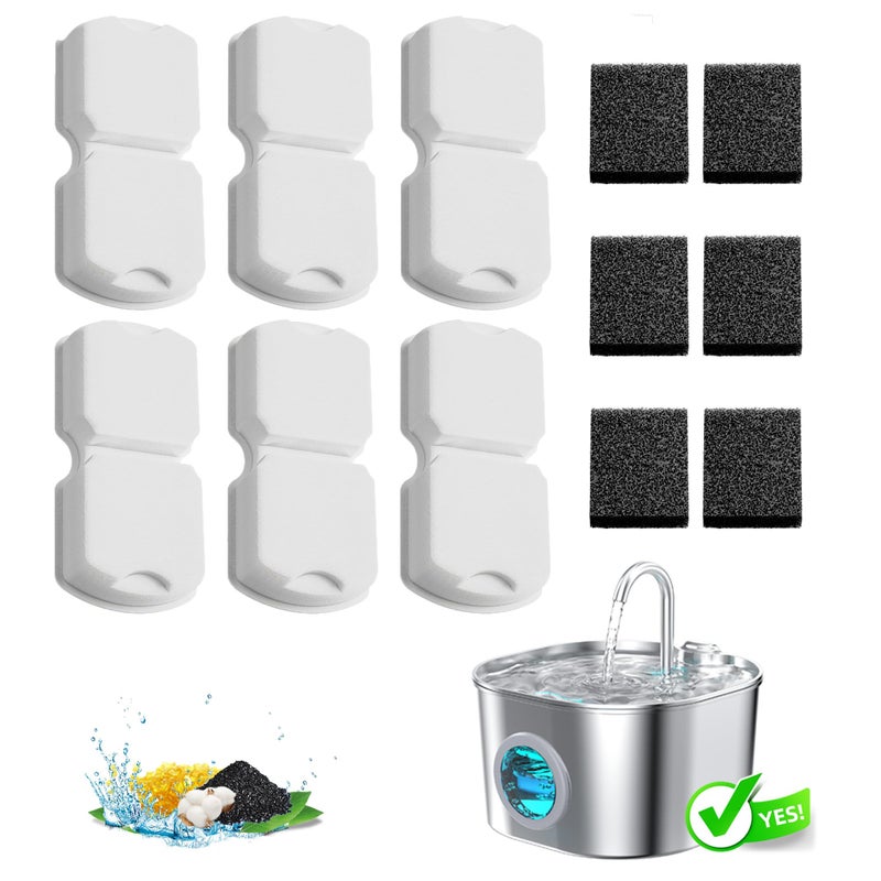 HOOISE Cat Water Fountain Filter Replacement: 6Pack Pet Fountain Filters of 6 Carbon Filters & 6 Sponges - Use for HOOISE 74oz Automatic Pet Fountain Cat Water Dispenser S15 - Image 1