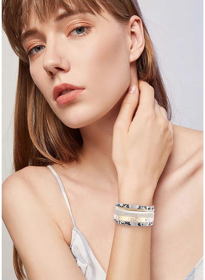 PHALIN Leather Wrap Bracelet for Women Crystal Wide Cuff Bracelets Multi-Layer Leopard Bangles Wristbands - Image 2