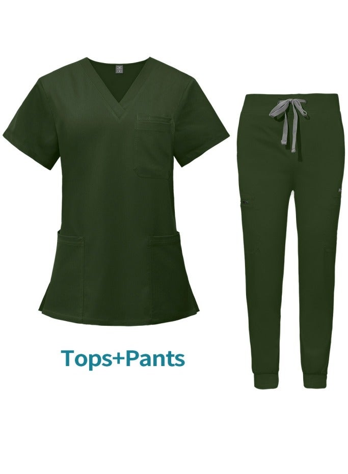 Loquat Medical Uniform Scrubs 2 Piece Set V-Neck Top and Jogger Pants Suit Army Green  - Image 1