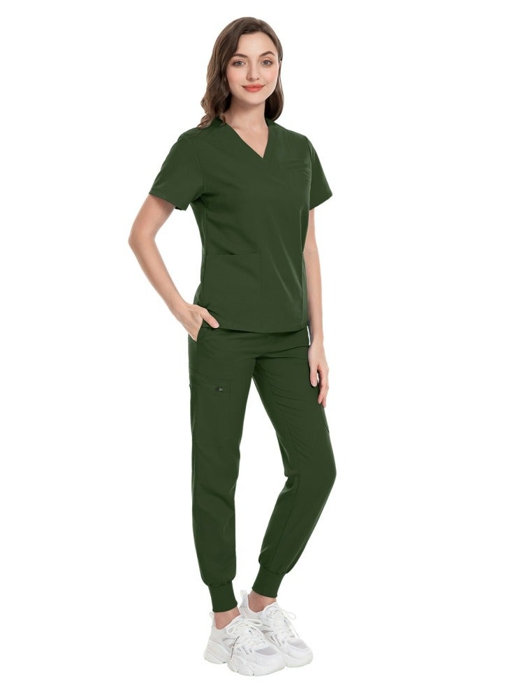 Loquat Medical Uniform Scrubs 2 Piece Set V-Neck Top and Jogger Pants Suit Army Green  - Image 3