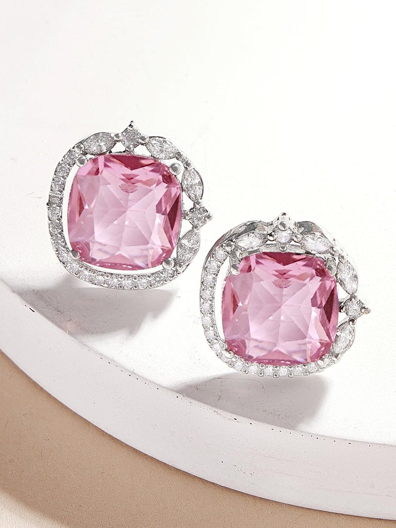 Karatcart Silver Tone Pink American Diamond Stud Earrings for Women - Image 4