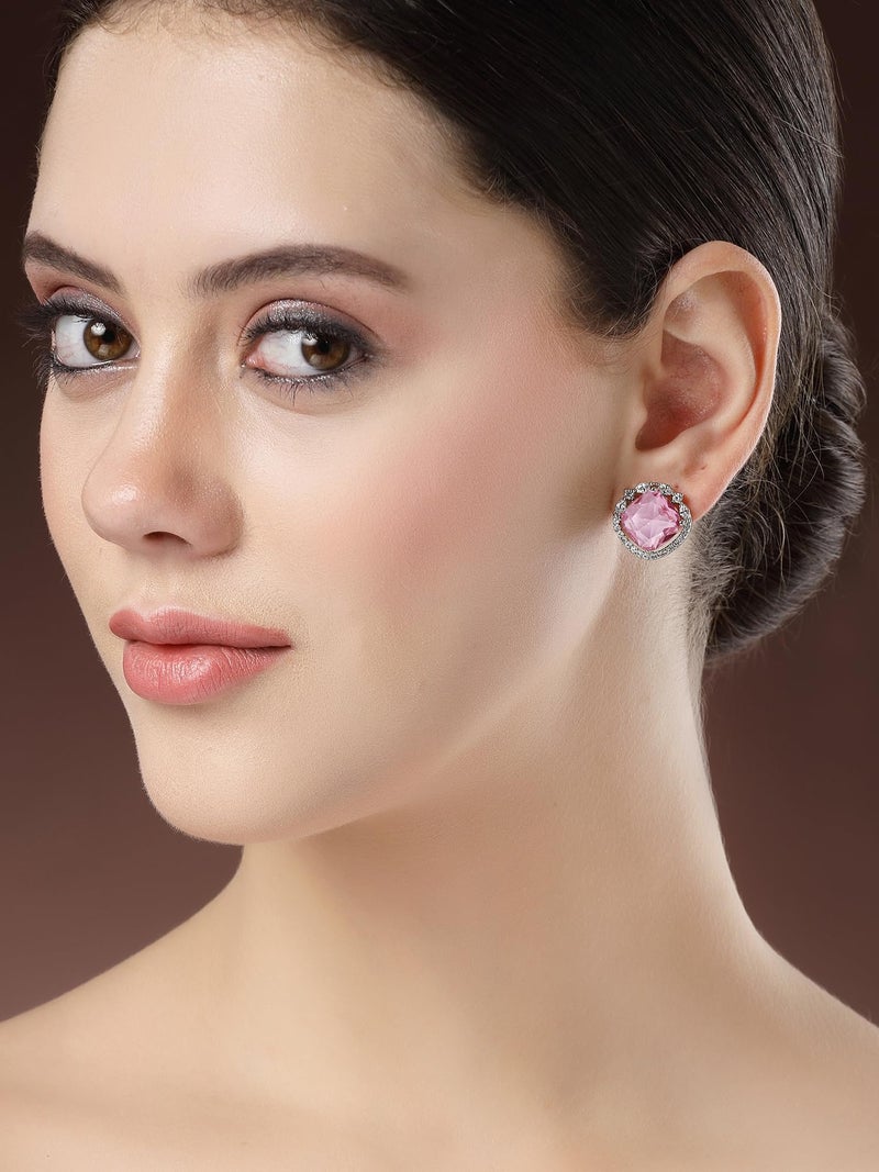 Karatcart Silver Tone Pink American Diamond Stud Earrings for Women - Image 3