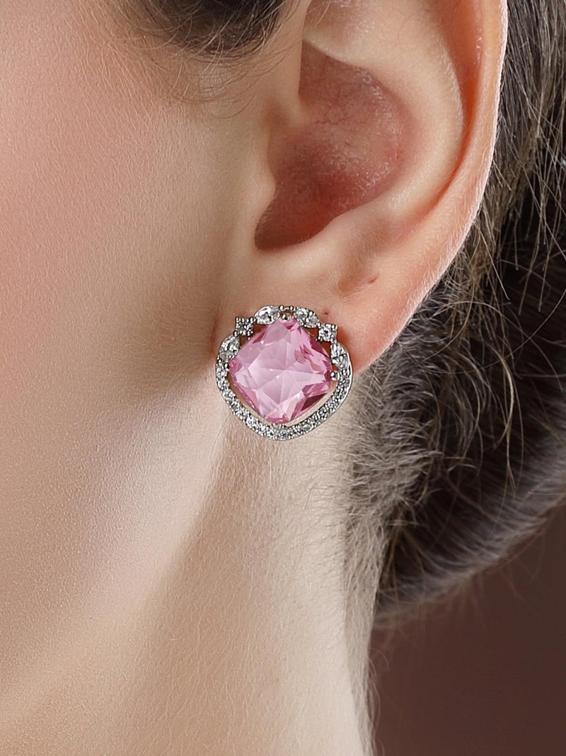 Karatcart Silver Tone Pink American Diamond Stud Earrings for Women - Image 2