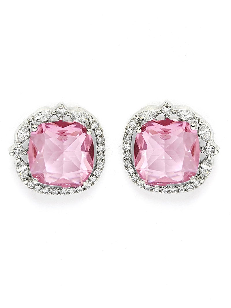 Karatcart Silver Tone Pink American Diamond Stud Earrings for Women - Image 5