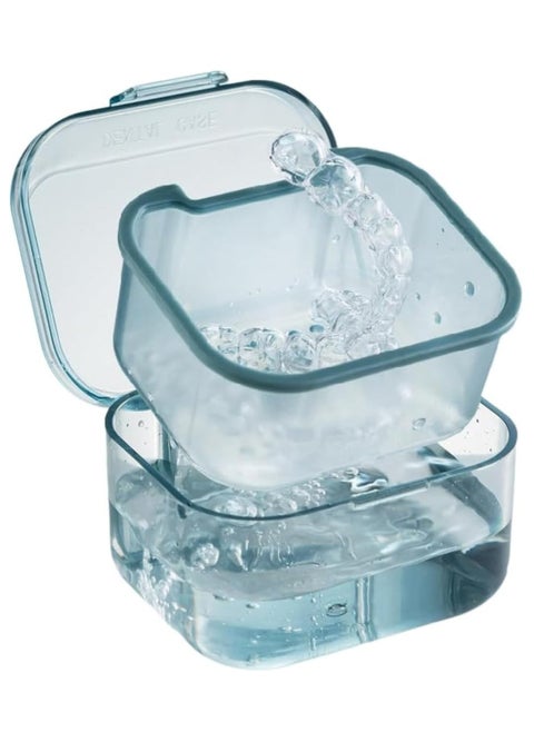 3 Tier Separated Denture Bath Box, Blue Retainer Case with Soak Container for Organized Storage and Cleaning.