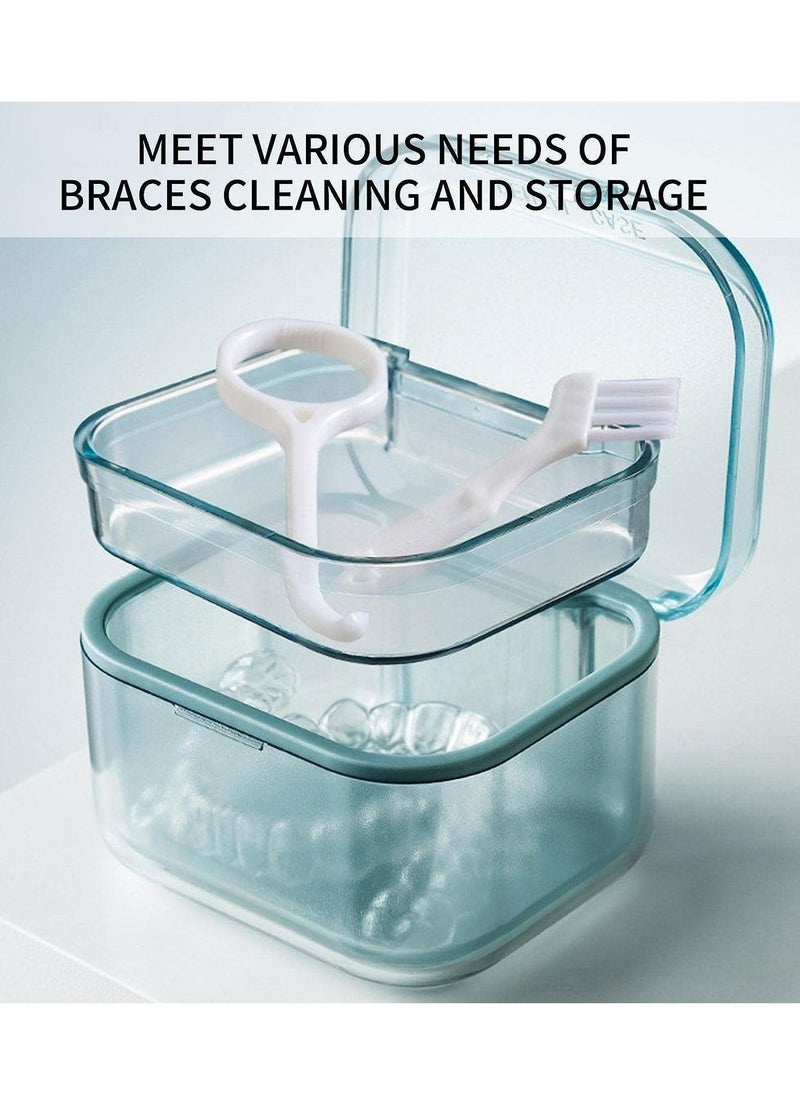 3 Tier Separated Denture Bath Box, Blue Retainer Case with Soak Container for Organized Storage and Cleaning.