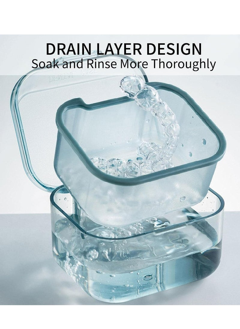 3 Tier Separated Denture Bath Box, Blue Retainer Case with Soak Container for Organized Storage and Cleaning.