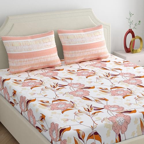 Home Ecstasy 100% Cotton Floral King Bedsheet with 2 Pillow Covers - (Size 100 x 108 inches, 300 TC, Colour - Beige) - Image 1