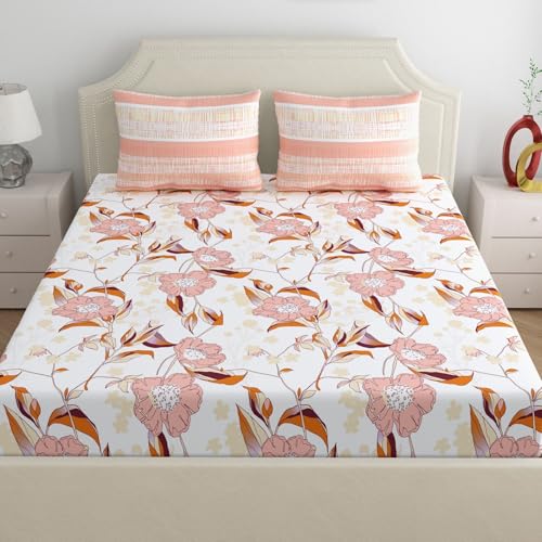 Home Ecstasy 100% Cotton Floral King Bedsheet with 2 Pillow Covers - (Size 100 x 108 inches, 300 TC, Colour - Beige) - Image 2