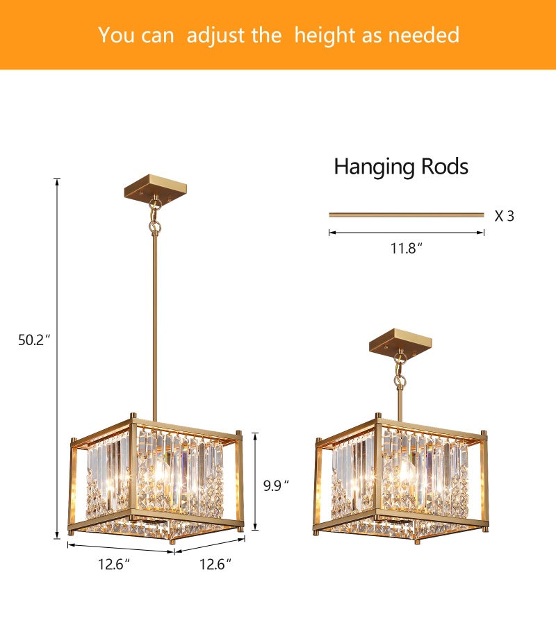 QS Q&S Gold Chandelier,Modern Industrial Gold Square Crystal Chandeliers 4 Lights Hanging Pendant Light Fixture for Dining Room Hallway Entryway Kitchen Island UL Listed - Image 3