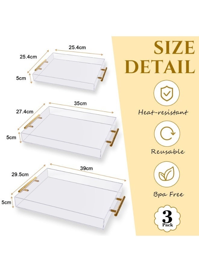 والالا مجموعة من 3 صواني تقديم أكريليك شفافة بمقابض ذهبية - صواني مزخرفة مقاومة للانسكاب لطاولة القهوة، وطاولة الزينة، وسطح الطاولة | منظم حمام فاخر ومجموعة تقديم مقبلات - Image 2