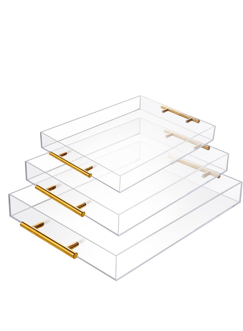 والالا مجموعة من 3 صواني تقديم أكريليك شفافة بمقابض ذهبية - صواني مزخرفة مقاومة للانسكاب لطاولة القهوة، وطاولة الزينة، وسطح الطاولة | منظم حمام فاخر ومجموعة تقديم مقبلات - Image 1