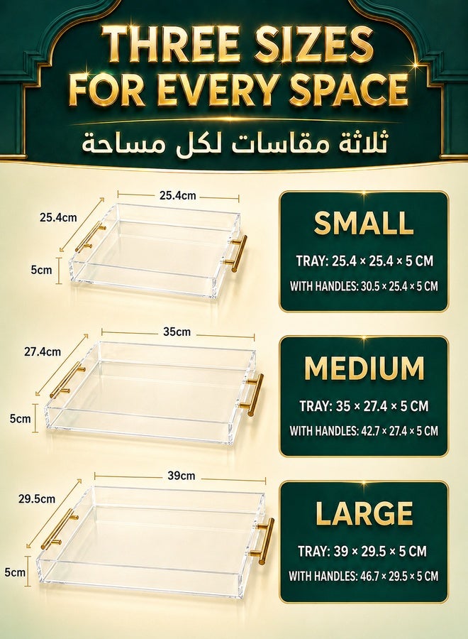 WALALLA 3-Pack Clear Acrylic Serving Trays with Gold Handles - Spill-Proof Decorative Trays for Coffee Table, Vanity & Countertop | Luxury Bathroom Organizer & Appetizer Serving Set - Image 2