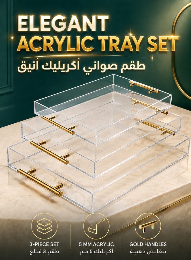 WALALLA 3-Pack Clear Acrylic Serving Trays with Gold Handles - Spill-Proof Decorative Trays for Coffee Table, Vanity & Countertop | Luxury Bathroom Organizer & Appetizer Serving Set - Image 1
