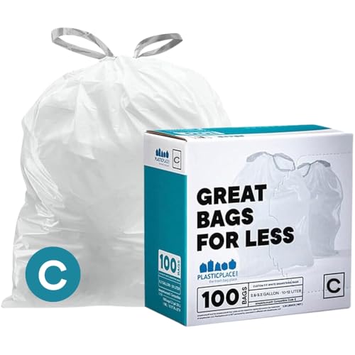 Plasticplace Trash Bags | Compatible with Simplehuman (x) Code C | (100 Count)│White Drawstring Garbage Liners 2.6-3.2 Gallon / 10-12 Liter │ 14.75" x 20" - Image 1
