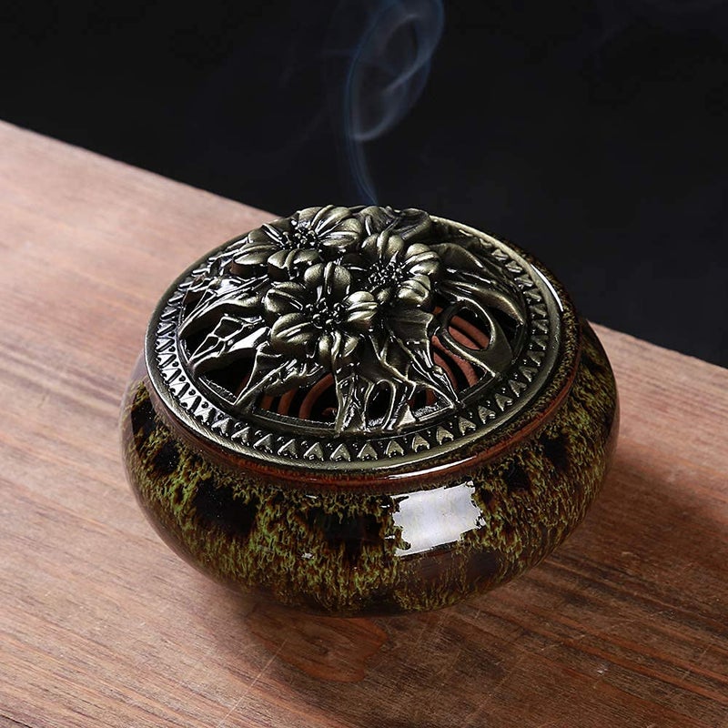 LamDawn Incense Burner with Calabash Incense Stick Holder - Porcelain Charcoal Censer for Use with Resin Granular Powder Cone or Coil Incense (Fambe Green) - Image 3