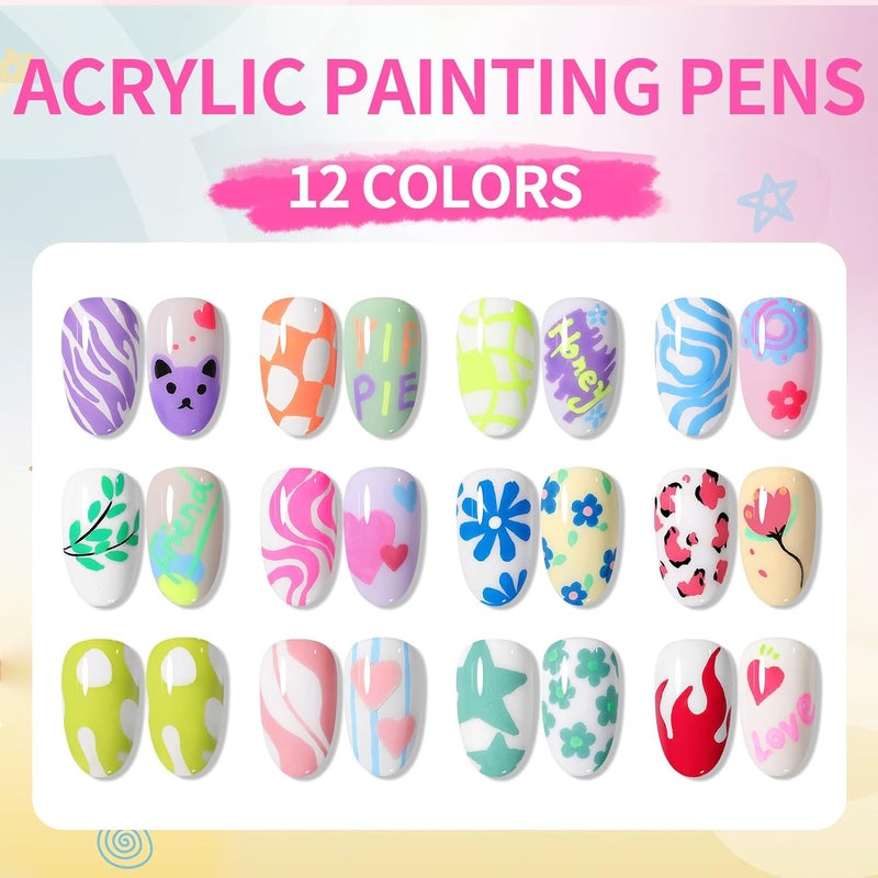 Born Pretty Nail Art Pens Set 12 Colors - Halloween Neon Colors 3D Nail Polish Acrylic Paint Pens Quick Dry Nail Markers for Halloween Nail Art Drawing Painting Dotting Liner Pen DIY Manicure Tools - Image 2